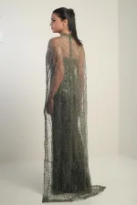 Women's Strapless Stone-Sequin Embroidered Cape-Lined Long Evening Dress