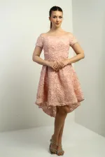 Kadın Madonna Yaka Önü Kısa Arkası Uzun Astarlı 3 Boyut Çiçekli Elbise