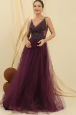 Strappy Long Tulle Dress with Guipure Bead Details and Lining