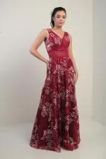 Women's V-Neck, Thick Strap, Waist-Decollete, Embroidered Long Flared Dress