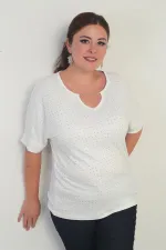 Kadın Yakası Zincirli Kısa Yarasa Kollu Taşlı Likralı Büyük Beden Bluz