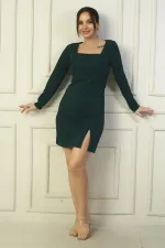 Women's Square Neck Front Slit Crepe Short Dress