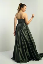 Women's Strapless, Lined, Front Underwire, Flared Long Satin Evening Dress with Pocket