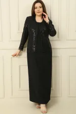 Yarım Ay Kollu Uzun Elbise Boncuk Pul Nakışlı Tül Ceket Astarlı Büyük Beden 2'li Takım