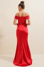 Boat Neck Pleated Skirt Lined Satin Long Dress