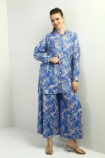 Women's Side Slit Tunic Shirt, Elastic Waist Pocketed Palazzo Pants, Leaf Pattern Oversize 2-Piece Set