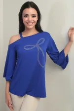 Women's One-Shoulder Blouse with Bow and Rhinestone Print, Lycra
