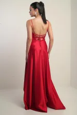 Robe longue en satin pour femme, à bretelles, laçage au dos, doublée et à volants.