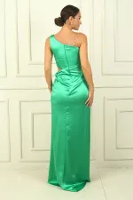 One-Shoulder, Waist-Decline, Chain-Detailed Satin Evening Dress