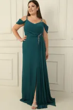 Kadın Taş Detay Askılı Düşük Kol Yanı Mendil Yırmaçlı Askılı Büyük Beden Şifon Uzun Elbise