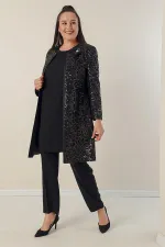 Yanları Yırtmaçlı Krep Bluz Kolları Ve Önü Pulpayet Astarlı Ceket Pantolon Büyük Beden 3'lü Takım