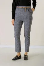 Bel Lastikli Kemerli Yandan Cepli Ekose Dar Paça Pantolon