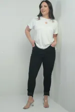 Pantalon en toile grande taille pour femme, coupe slim, orné de pierres et de pompons, en tissu Lycra