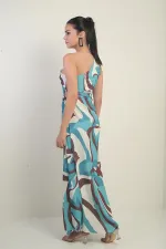 Women's One-Shoulder Side-Cut Abstract Pattern Long Crepe Satin Dress