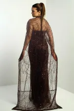 Kadın Straplez Taş-Pul İşlemeli Pelerinli Astarlı Uzun Abiye Elbise