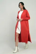 Gilet long pour femme avec manches boutonnées, poches et fentes latérales