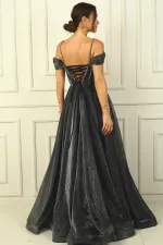 Strappy Low Sleeve Beaded Detailed Lined Glittery Long Dress