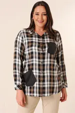 Chemise à carreaux grande taille avec boutons métalliques, détails en cuir, double poche et manches retroussables