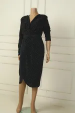 Women's Wrap Collar Belted Lined Embellished Plus Size Midi Dress