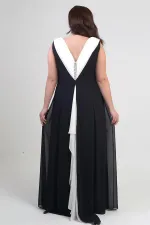 Kadın Degaje Yaka Arkası Taş Detaylı Volanlı Astarlı Büyük Beden Uzun Şifon Elbise