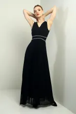 Women's V-Neck Long Crepe Chiffon Dress with Stone Detail at Waist, Gathered Front, Lined, and Tie-Back Closure.