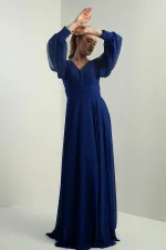 Front and back V-neck, draped front, tulle sleeves, lined, wide-length chiffon dress.