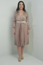 Kadın Kruvaze Yaka Beli Kemerli Astarlı Desenli Pileli Midi Saten B.B Elbise