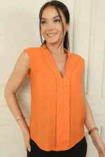 V Yaka Taş Detaylı Bluz