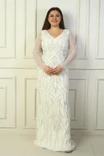 Front and Back V-Neck, Tulle Sleeves, Lined, Embellished Long Plus Size Dress