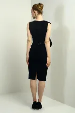 Women's Round Neck Ruffled Belted Crepe Midi Dress