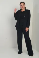 Kadın Beşgen Yaka Kolsuz Dantel Bluz Tek Düğmeli Ceket Palazzo Pantolon Astarlı Pul Detaylı Büyük Beden 3'lü Takım