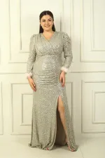 Kadın Önü Büzgülü V Yaka Kol Uçları Tüylü B.Beden Elbise