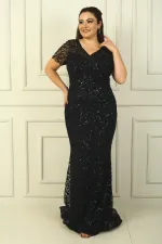 Ön Arka V Yaka Astarlı Boncuk-Pul İşlemeli Büyük Beden Abiye Elbise