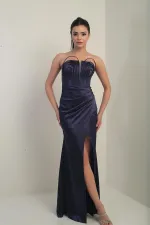 Women's Strapless Front Underwire Lined Satin Long Dress