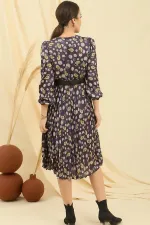 Wrap Neck, Belted Waist, Lined, Shawl Patterned Pleated Satin Dress