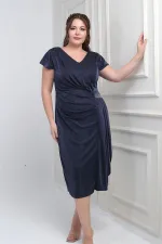 Women's Front Back V Neck Waist Stone Detail Lined Glittery Sandy Fabric Plus Size Midi Dress