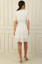 Double-breasted Collar, Flounced Sleeves, Lined, Floral Embroidered, Waist Belted Dress