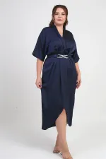 Women's Wrap Neck Short Batwing Sleeve Double Pleated Crepe Satin Plus Size Midi Designer Dress