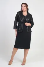 Women's Sequin Embellished Beaded Tulle Jacket, Half-Moon Sleeve Short Dress, Lined Crepe, Plus Size 2-Piece Set