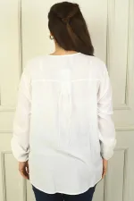 Önü Metal Düğmeli Enine Simli Geometrik Desen Kol Katlamalı Büyük Beden Yıkamalı Keten Gömlek