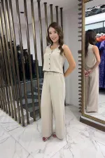 Women's V-Neck Button-Front Blouse, Elastic Waist, Pocketed Palazzo Pants Ayrobin 2-Piece Set