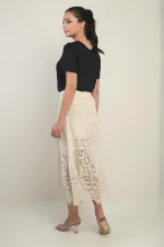 Kadın Beli Lastikli Astarlı Dantel Fisto Midi Etek