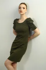 Women's Boat Neck Dress with Buttoned Sleeves, Pleated, and Zipper Back