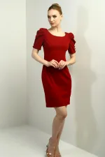 Women's Boat Neck Dress with Buttoned Sleeves, Pleated, and Zipper Back