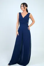 Waist-detailed, front and back V-neck, lined chiffon jumpsuit.