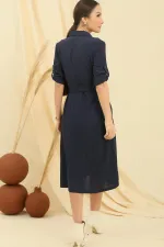Buttoned Front Folded Sleeve Waist Belted Pocket Dress