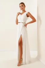 Chiffon Slit Long Dress with Flounce Collar and Belt