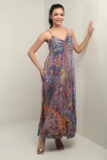 Women's Strappy Long Satin Dress with Embroidered Back Detail and Pattern