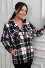 Chemise à capuche pour femme, motif à carreaux, poches à boutons métalliques