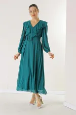 Yakası Volanlı Bantlı Beli Kemerli Astarlı Şifon Elbise